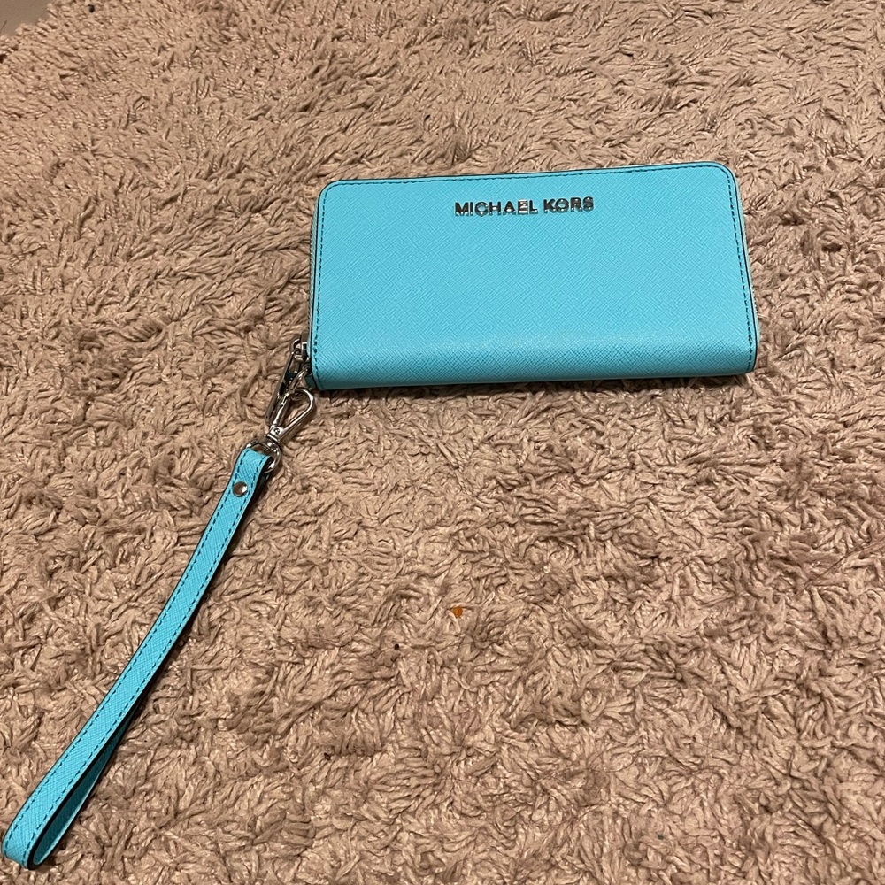 Michael Kors Teal Leather Continental Wristlet